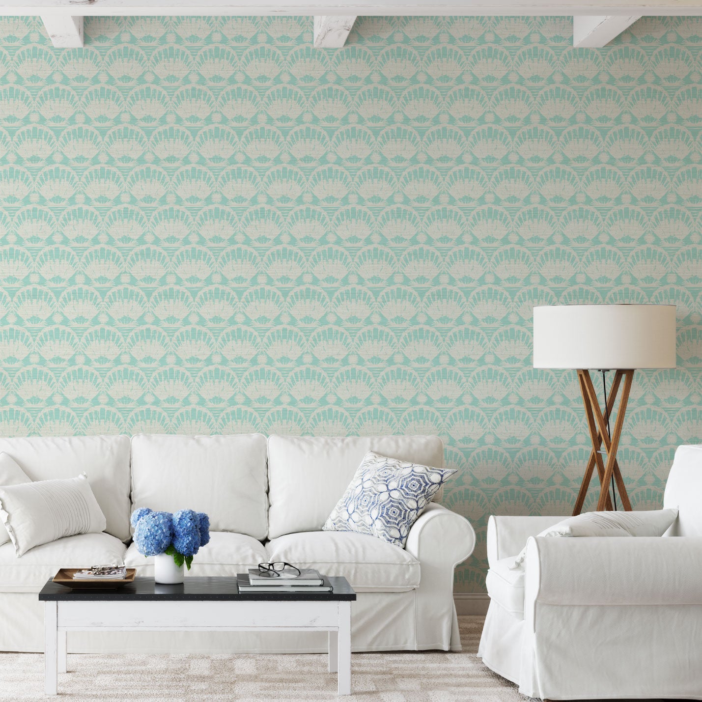 Load image into Gallery viewer, printed grasscloth wallpaper in a 2 color stamped seashell print arranged in a linear horizontal pattern
