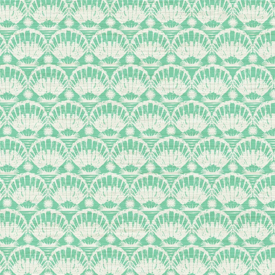 printed grasscloth wallpaper in a 2 color stamped seashell print arranged in a linear horizontal pattern 
