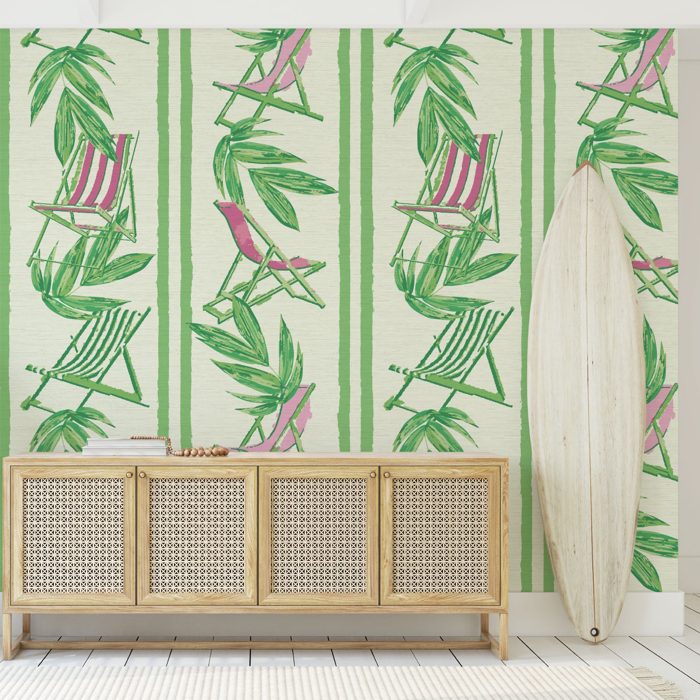 Load image into Gallery viewer, vertical linear grasscloth wallpaper print with a beachy design of green leaves and stripes paired with green and pink beach chairs arranged in a vertical oversized stripe Grasscloth Natural Textured Eco-Friendly Non-toxic High-quality  Sustainable practices Sustainability Interior Design Wall covering bold Seaside Coastal Seashore Waterfront Vacation home styling Retreat Relaxed beach vibes Beach cottage Shoreline Oceanfront Nautical entrance foyer surf shack
