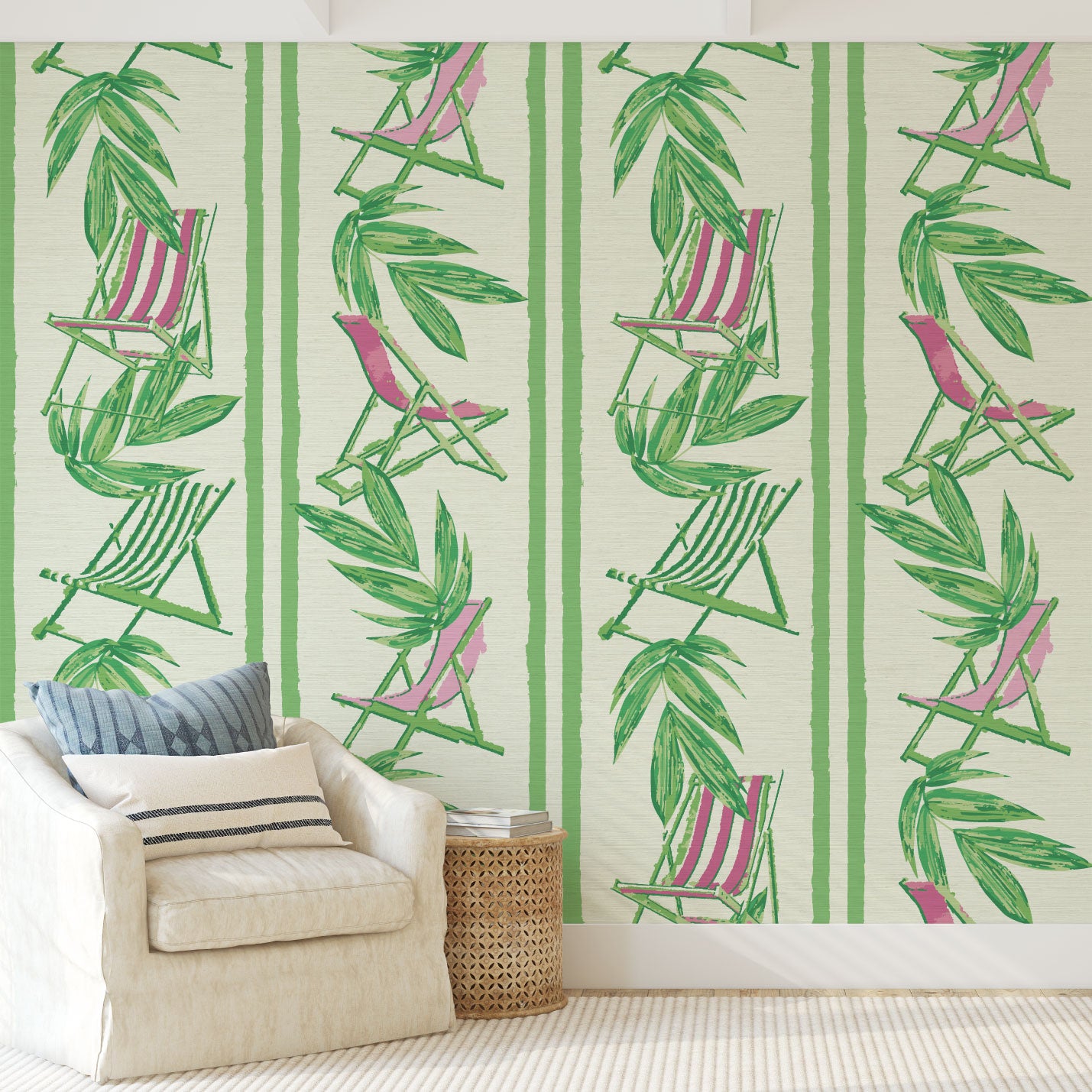Load image into Gallery viewer, Beach house living room with a vertical linear grasscloth wallpaper print with a beachy design of green leaves and stripes paired with green and pink beach chairs arranged in a vertical oversized stripe.
