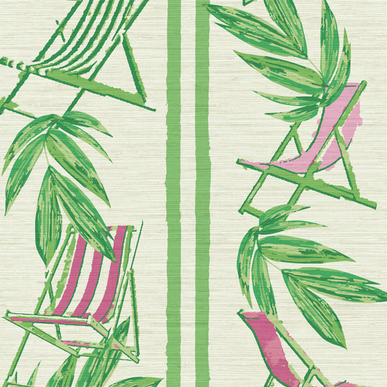 vertical linear grasscloth wallpaper print with a beachy design of green leaves and stripes paired with green and pink beach chairs arranged in a vertical oversized stripe.