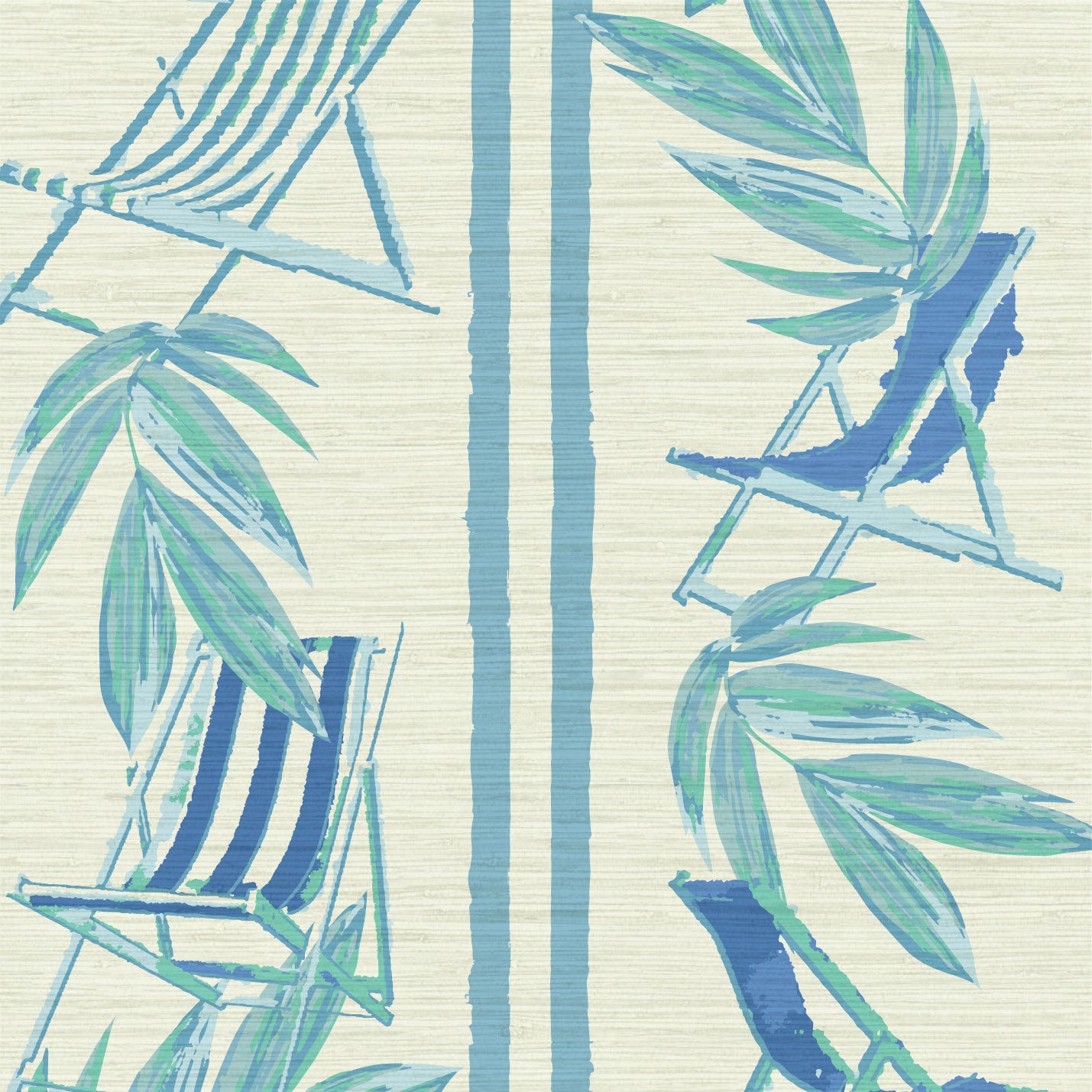 Load image into Gallery viewer, vertical linear grasscloth wallpaper print with a beachy design of blue leaves and stripes paired with shades of blue beach chairs arranged in a vertical oversized stripe.
