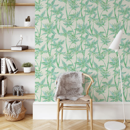 Load image into Gallery viewer, printed grasscloth wallpaper of hand painted allover palm tree print scattered across the paper with a slight overlap
