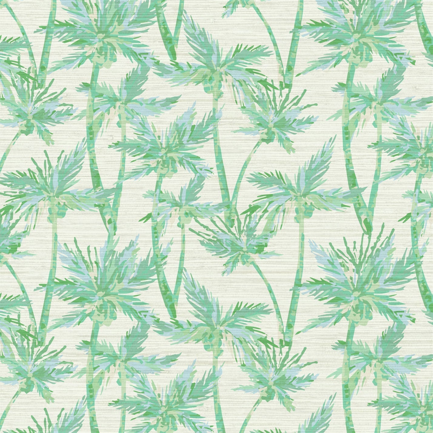 Load image into Gallery viewer, printed grasscloth wallpaper of hand painted allover palm tree print scattered across the paper with a slight overlap
