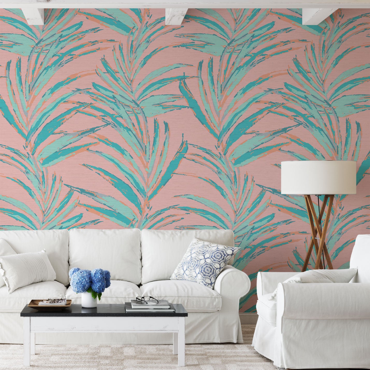 Load image into Gallery viewer, grasscloth printed wallpaper of linear twisted palm leaves cascading in vertical oversized stripes.
