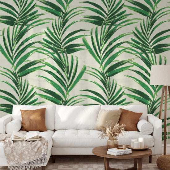 Load image into Gallery viewer, grasscloth printed wallpaper of linear twisted palm leaves cascading in vertical oversized stripes.
