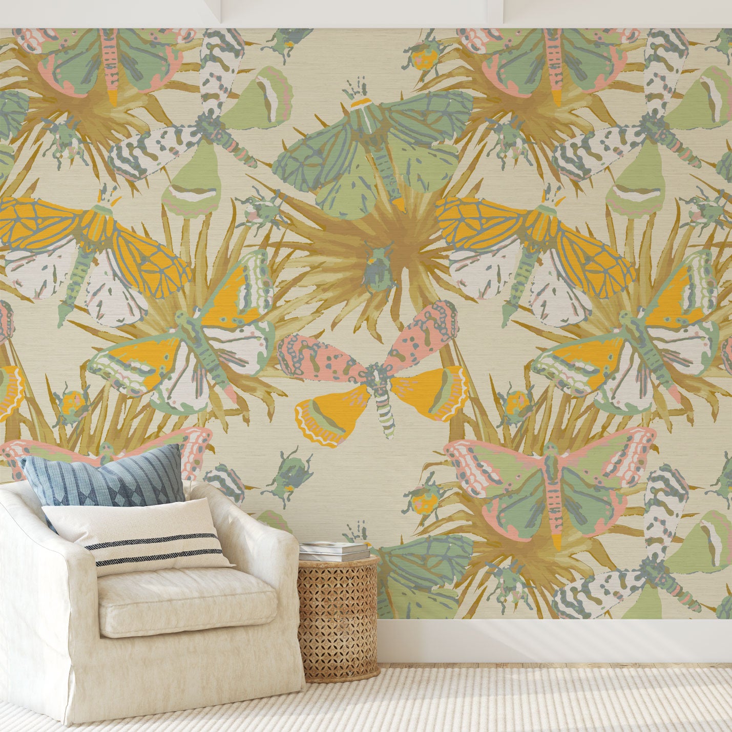 Load image into Gallery viewer, grasscloth printed wallpaper with pale blue base and subtle olive, tan and brown palm leafs as base print with oversized multi colored butterflies layered on top. Butterflies and bugs are designed using a range of pastel pinks, light olive, dusty blue, gold and off white.
