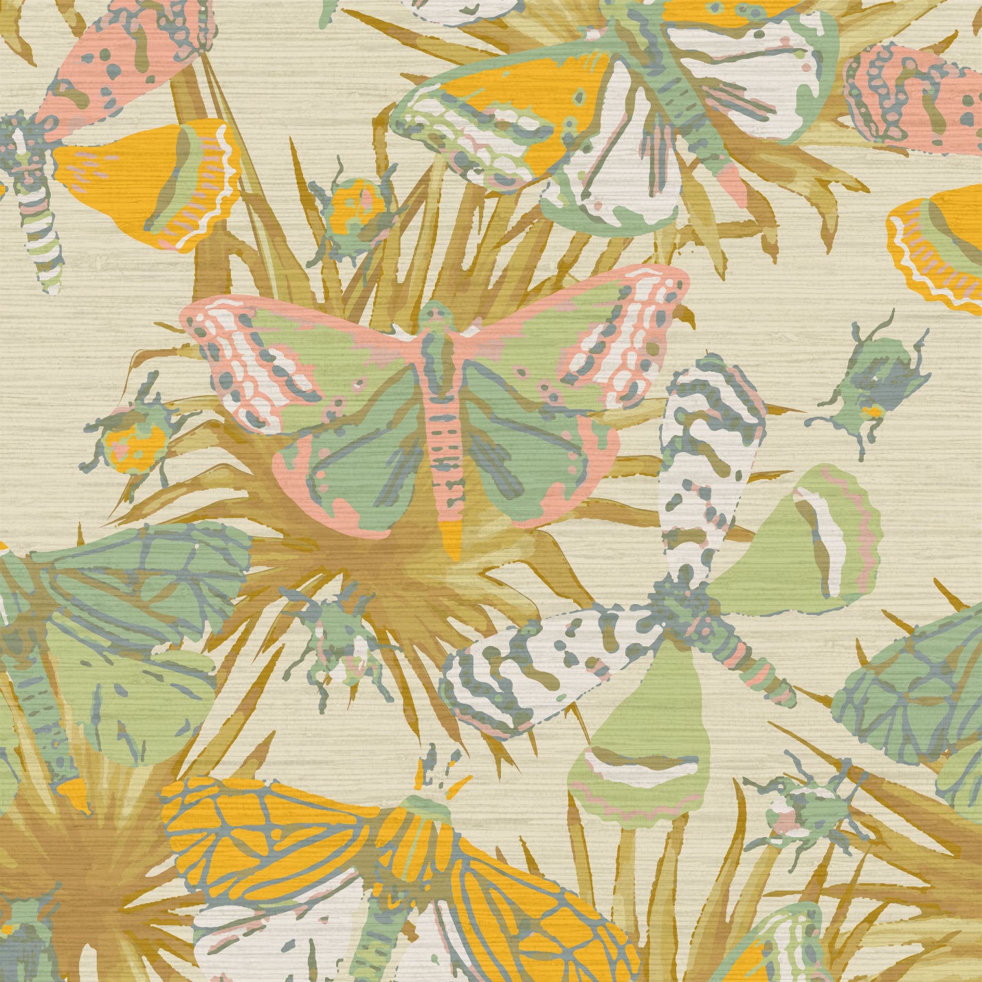 grasscloth printed wallpaper with cream base and subtle olive, tan and brown palm leafs as base print with oversized multi colored butterflies layered on top. Butterflies and bugs are designed using a range of pastel pinks, light olive, dusty blue, gold and off white.