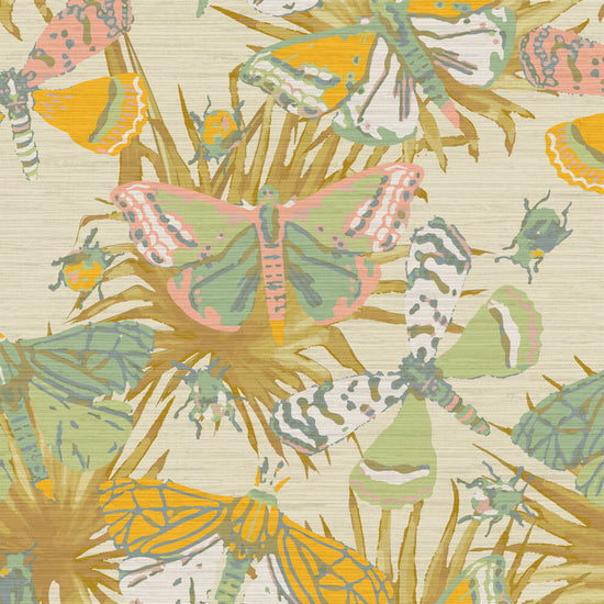Grasscloth wallpaper Natural Textured Eco-Friendly Non-toxic High-quality Sustainable Interior Design Bold Custom Tailor-made Retro chic Bold tropical butterfly bug palm leaves animals botanical garden nature kids playroom bedroom nursery beige neutral cream