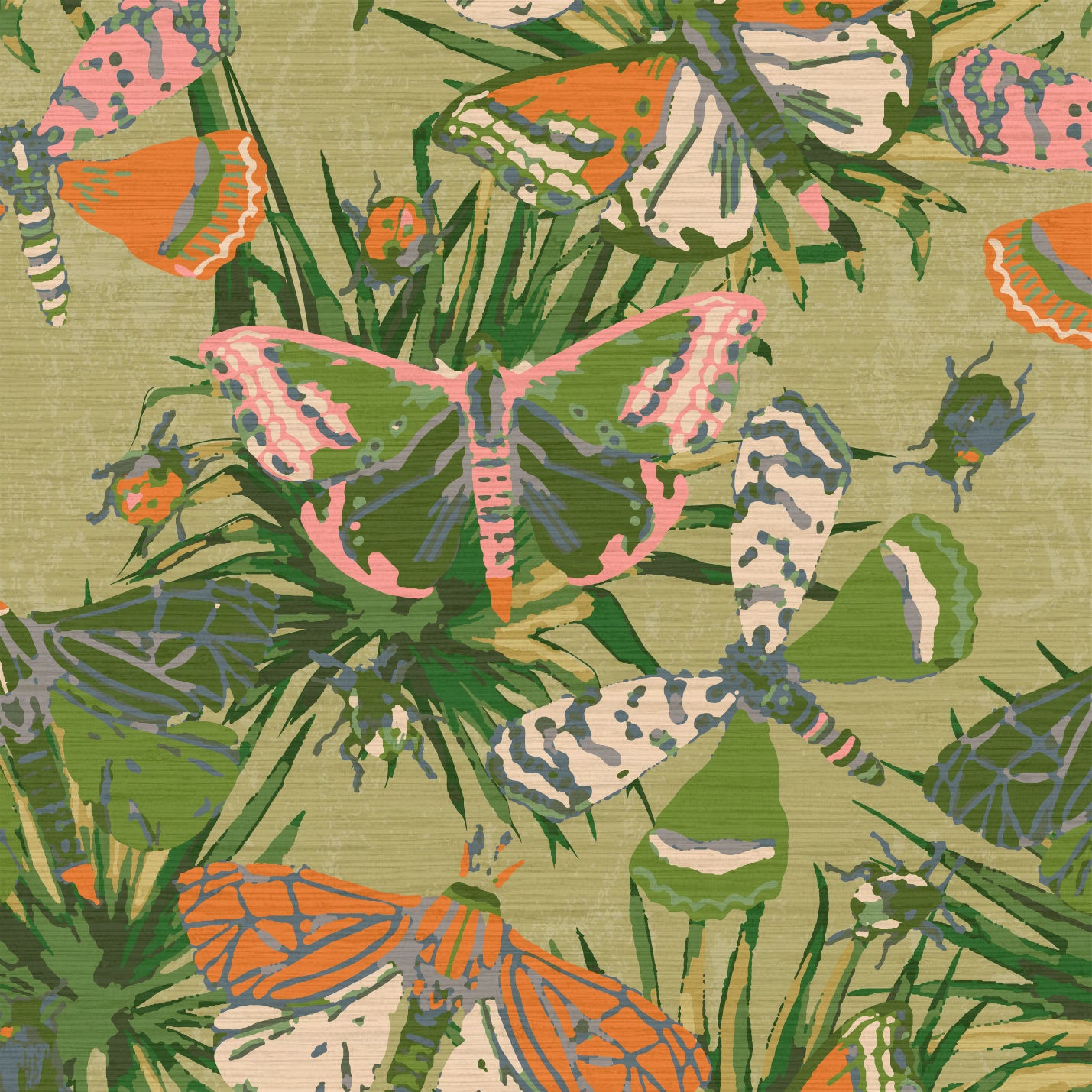 Load image into Gallery viewer, Grasscloth wallpaper Natural Textured Eco-Friendly Non-toxic High-quality Sustainable Interior Design Bold Custom Tailor-made Retro chic Bold tropical butterfly bug palm leaves animals botanical garden nature kids playroom bedroom nursery green moss jungle olive

