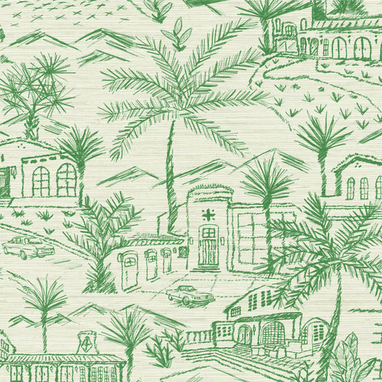 Grasscloth printed modern toile design featuring a 2 color print with Spanish style houses, variety of palm trees and tropical and desert inspired plants, massive pools, vintage cars and fountains with mountains in the background.