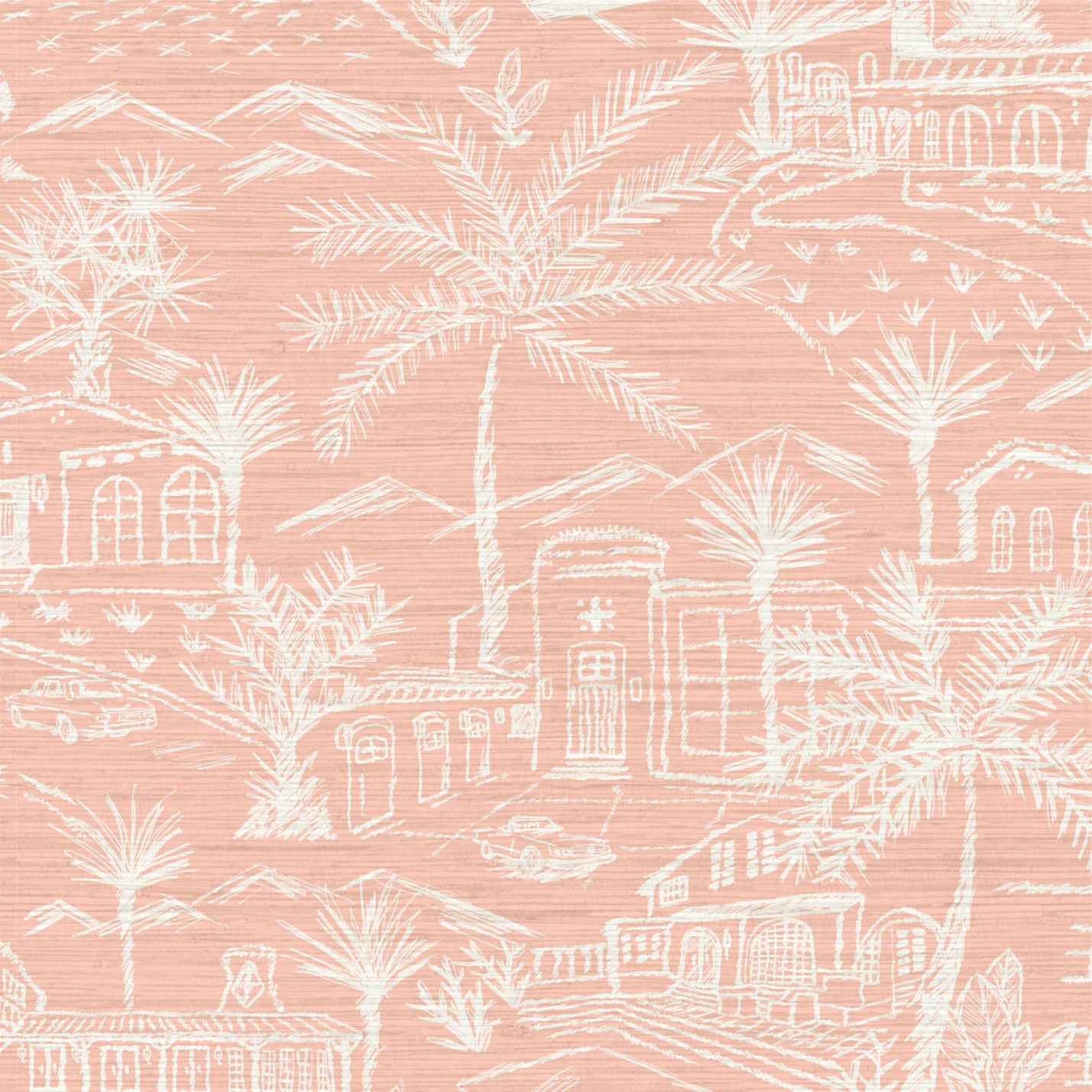 Grasscloth wallpaper Natural Textured Eco-Friendly Non-toxic High-quality Sustainable Interior Design Bold Custom Tailor-made Retro chic Bold tropical garden palm tree vintage coastal toile Grasscloth wallpaper Natural Textured Eco-Friendly Non-toxic High-quality Sustainable Interior Design Bold Custom Tailor-made Retro chic Bold Toile de Jouy baby pink light pale nursery girl room off-white white