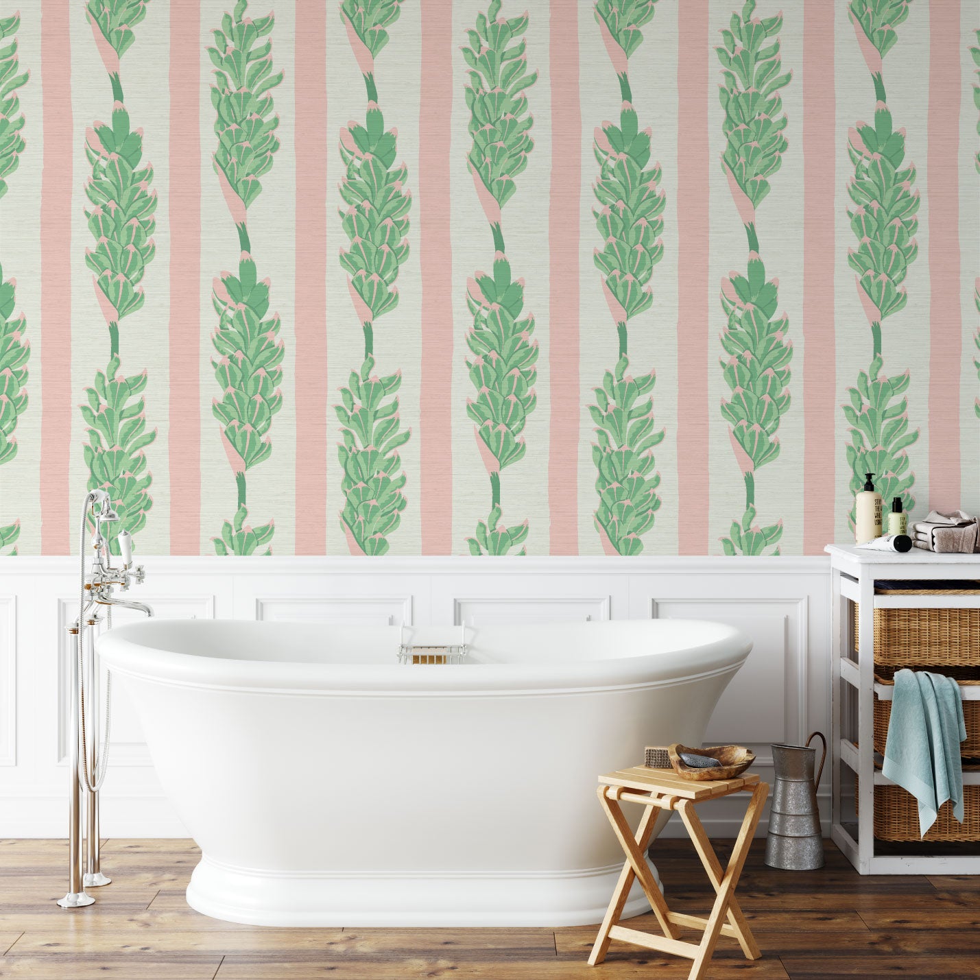 printed grasscloth wallpaper in linear vertical stripe back to white with elongated leaves connecting to form stripe 