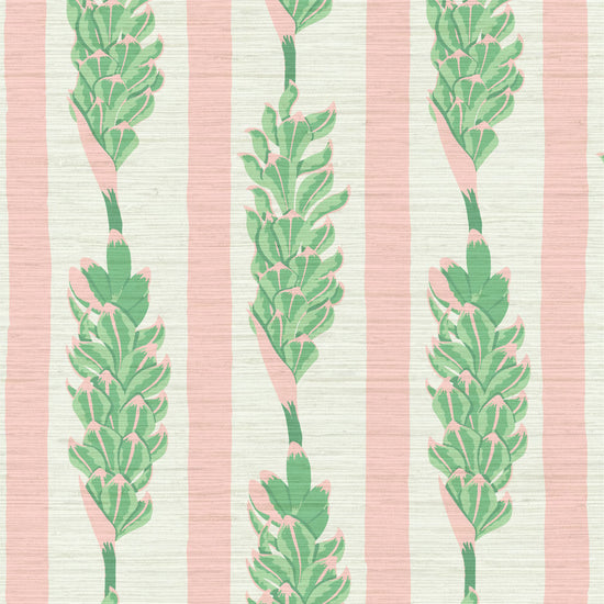Grasscloth wallpaper Natural Textured Eco-Friendly Non-toxic High-quality  Sustainable Interior Design Bold Custom Tropical Jungle Coastal Garden Seaside Seashore Waterfront Vacation home styling Retreat Relaxed beach vibes Beach cottage Shoreline Oceanfront Nautical Cabana preppy vertical stripe botanical flower floral pink green white kids girl