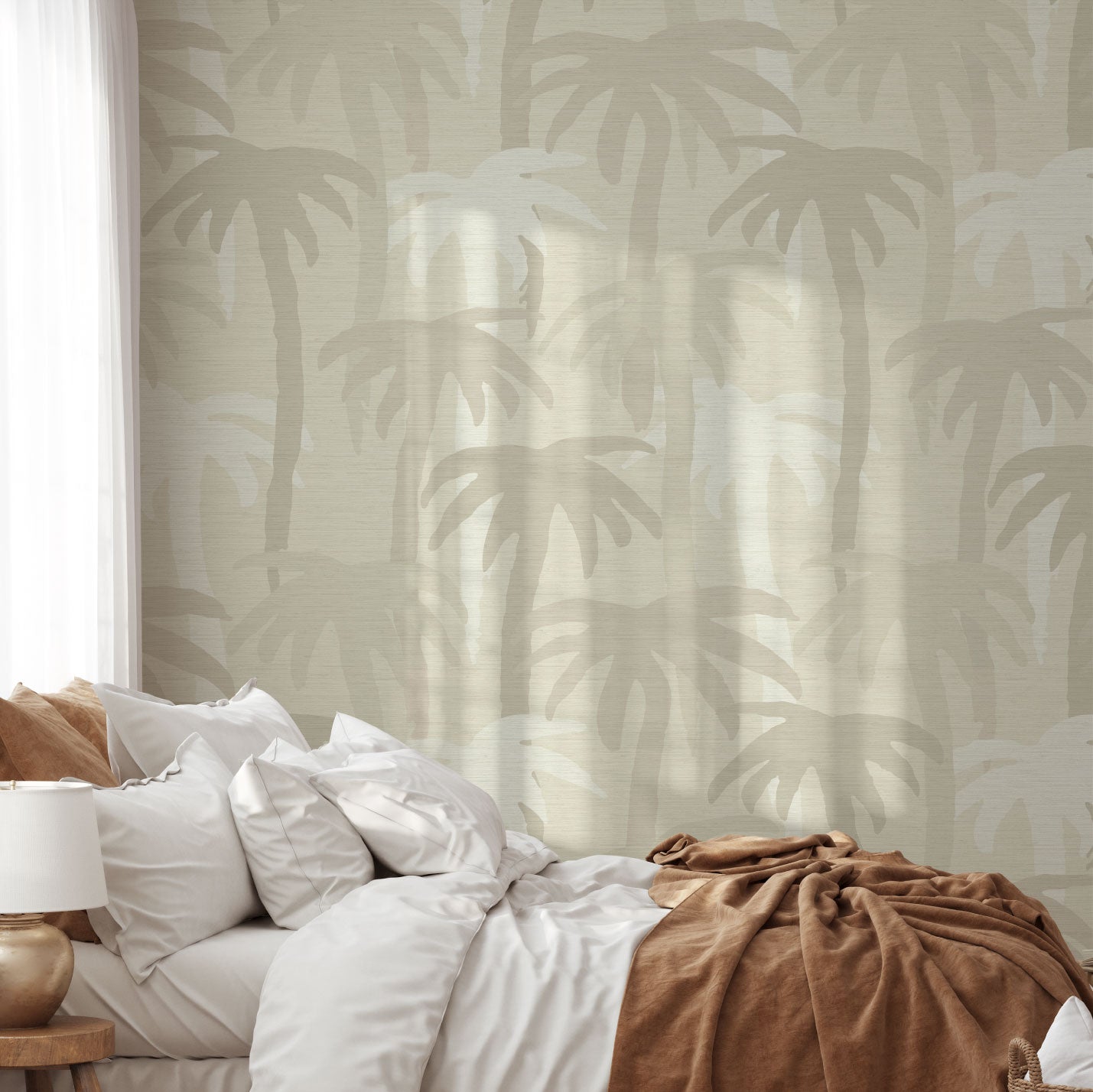 grasscloth printed wallpaper on a tan, sand colored base with shades of tan, light brown, beige and white single colored palm trees overlapped to form a linear palm print inspired by late 1980s and early 1990s Southern California Surf graphics