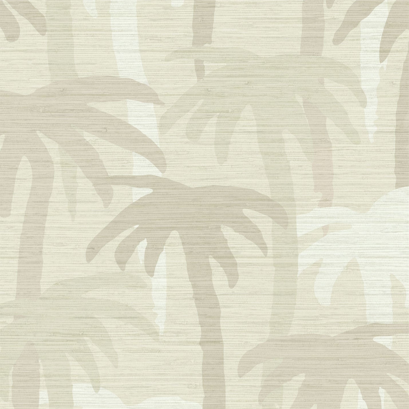grasscloth printed wallpaper on a tan, sand colored base with shades of tan, light brown, beige and white single colored palm trees overlapped to form a linear palm print inspired by late 1980s and early 1990s Southern California Surf graphics