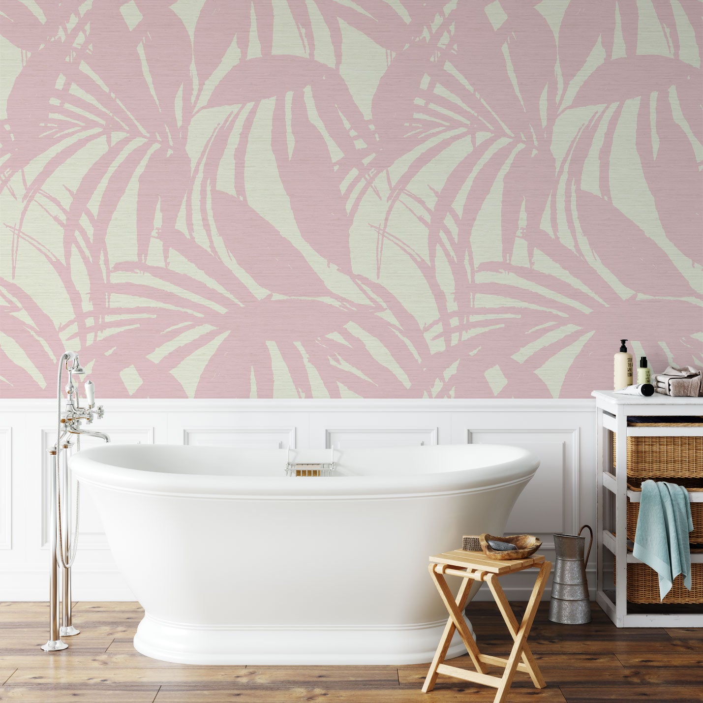Load image into Gallery viewer, printed grasscloth wallpaper in oversized two color tropical leaf print.
