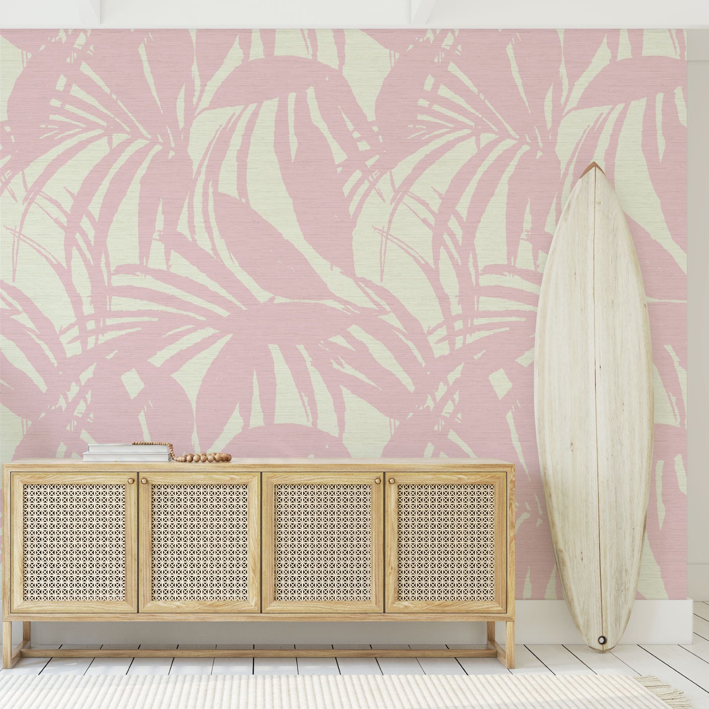 printed grasscloth wallpaper in oversized two color tropical leaf print.