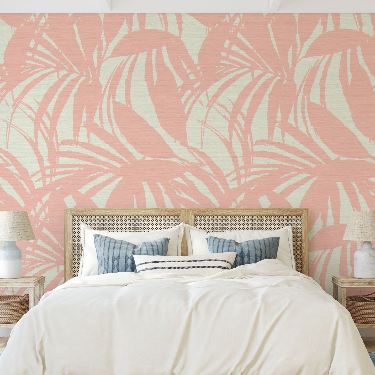 printed grasscloth wallpaper oversize tropical leaf Natural Textured Eco-Friendly Non-toxic High-quality  Sustainable practices Sustainability Interior Design Wall covering Bold retro chic custom jungle garden botanical Seaside Coastal Seashore Waterfront Vacation home styling Retreat Relaxed beach vibes Beach cottage Shoreline Oceanfront white peach pink coral pastel baby orange bedroom