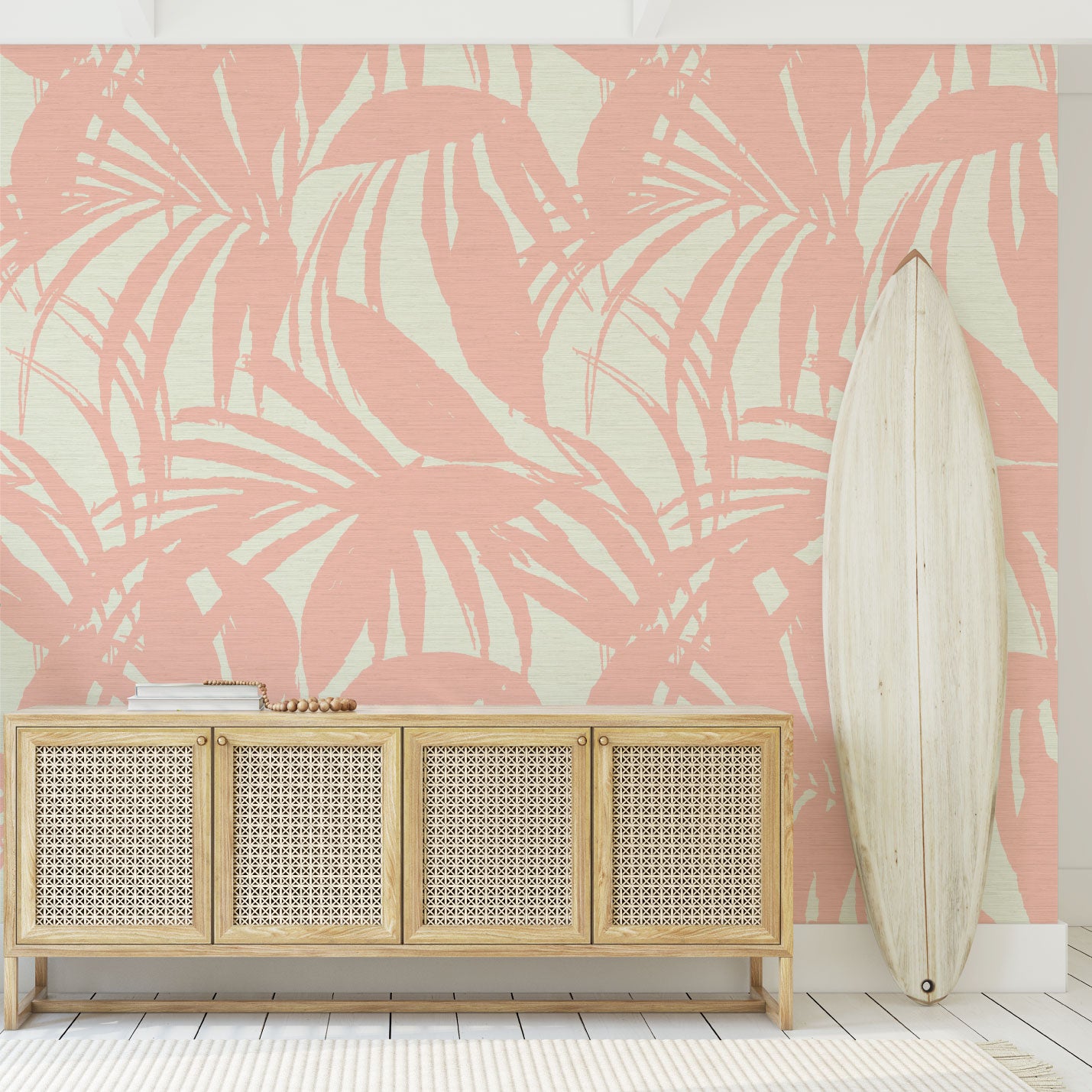 Load image into Gallery viewer, printed grasscloth wallpaper oversize tropical leaf Natural Textured Eco-Friendly Non-toxic High-quality  Sustainable practices Sustainability Interior Design Wall covering Bold retro chic custom jungle garden botanical Seaside Coastal Seashore Waterfront Vacation home styling Retreat Relaxed beach vibes Beach cottage Shoreline Oceanfront white peach pink coral pastel baby orange entrance foyer surf
