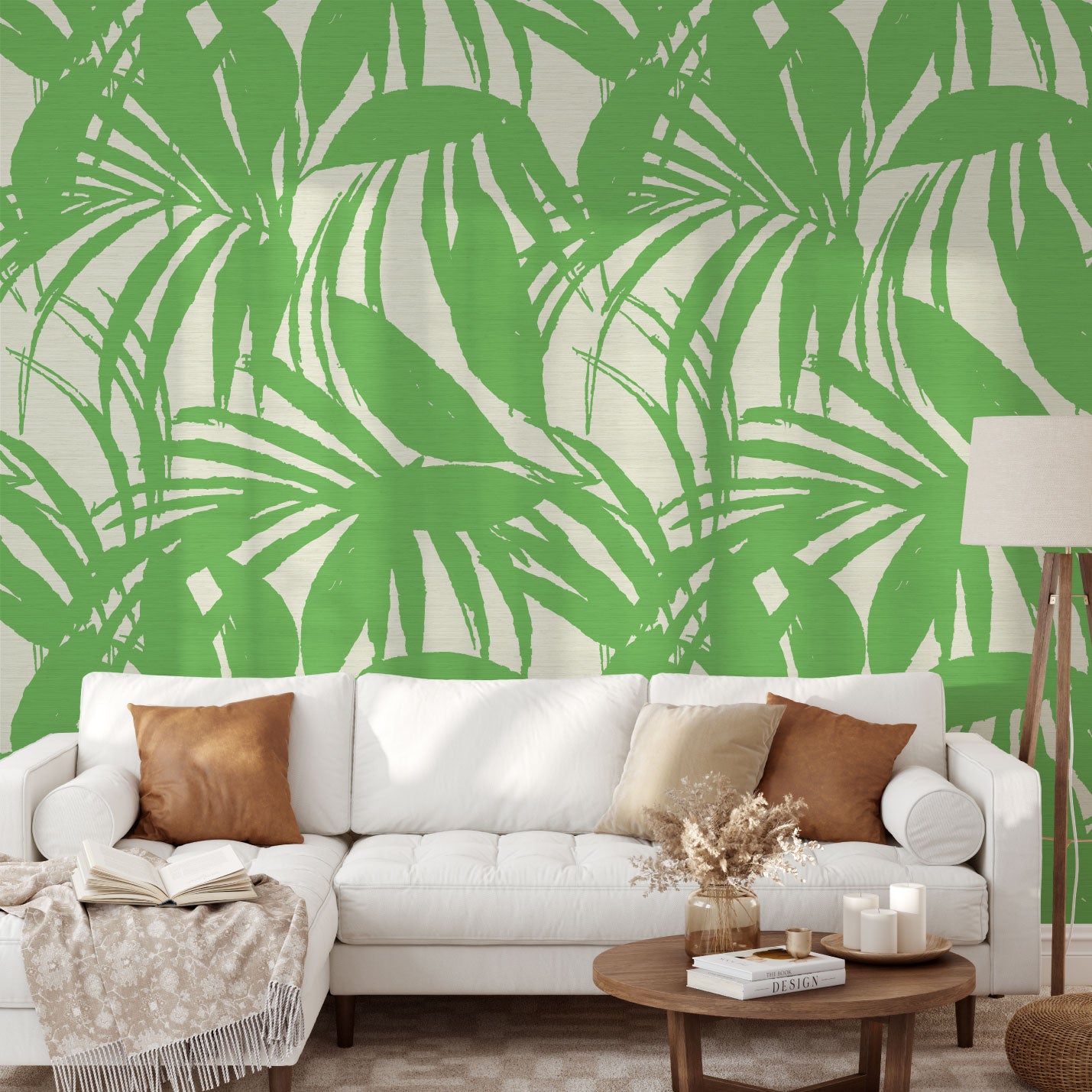 Load image into Gallery viewer, printed grasscloth wallpaper oversize tropical leaf Natural Textured Eco-Friendly Non-toxic High-quality  Sustainable practices Sustainability Interior Design Wall covering Bold retro chic custom jungle garden botanical Seaside Coastal Seashore Waterfront Vacation home styling Retreat Relaxed beach vibes Beach cottage Shoreline Oceanfront white kelly paradise green  living room
