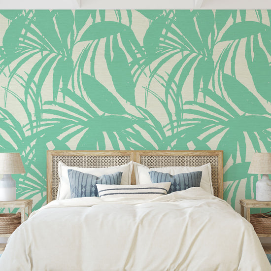 printed grasscloth wallpaper oversize tropical leaf Natural Textured Eco-Friendly Non-toxic High-quality  Sustainable practices Sustainability Interior Design Wall covering Bold retro chic custom jungle garden botanical Seaside Coastal Seashore Waterfront Vacation home styling Retreat Relaxed beach vibes Beach cottage Shoreline Oceanfront white mint green bedroom.