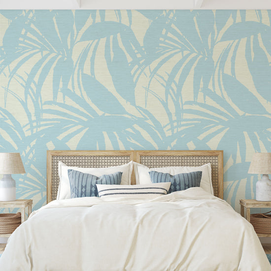 printed grasscloth wallpaper oversize tropical leaf Natural Textured Eco-Friendly Non-toxic High-quality  Sustainable practices Sustainability Interior Design Wall covering Bold retro chic custom jungle garden botanical Seaside Coastal Seashore Waterfront Vacation home styling Retreat Relaxed beach vibes Beach cottage Shoreline Oceanfront white blue ocean sky bedroom