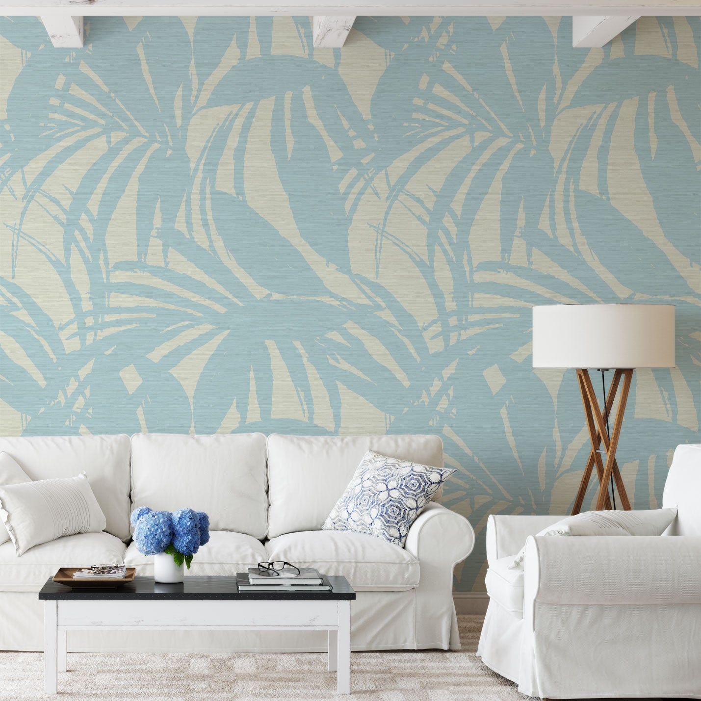 printed grasscloth wallpaper oversize tropical leaf Natural Textured Eco-Friendly Non-toxic High-quality  Sustainable practices Sustainability Interior Design Wall covering Bold retro chic custom jungle garden botanical Seaside Coastal Seashore Waterfront Vacation home styling Retreat Relaxed beach vibes Beach cottage Shoreline Oceanfront white blue sky ocean living room