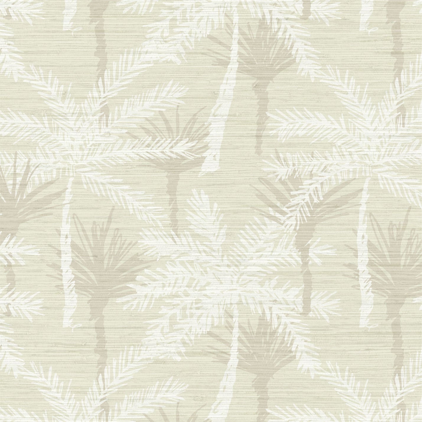 grasscloth printed wallpaper with a cream base color with tonal linear and overlapping palm trees in a variety of shades of tans and whites