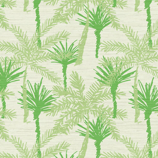 grasscloth printed wallpaper with a cream base color with tonal linear and overlapping palm trees in a variety of shades of green ranging from light, medium to dark seafoam green.