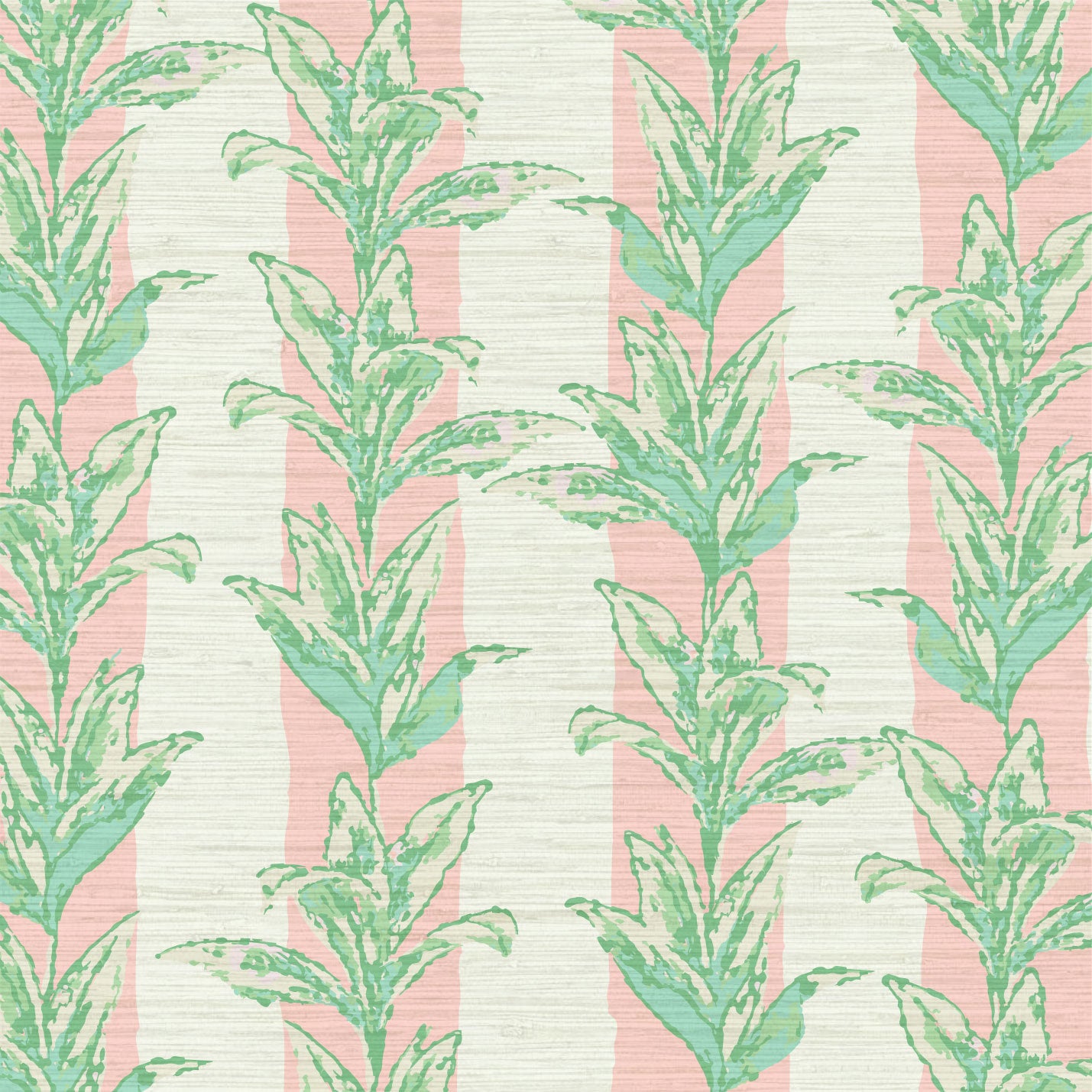 printed grasscloth with light pink and white vertical cabana stripes overlayed with light green and aqua shades of palm leaves also arranged in a vertical stripe cascading down the wallpaper  Natural Textured Eco-Friendly Non-toxic High-quality  Sustainable Interior Design Bold Custom Tailor-made Retro chic Tropical Jungle Coastal Garden Seaside Coastal Seashore Waterfront Vacation home styling Retreat Relaxed beach vibes Beach cottage Shoreline Oceanfront Nautical Cabana preppy palm leaf