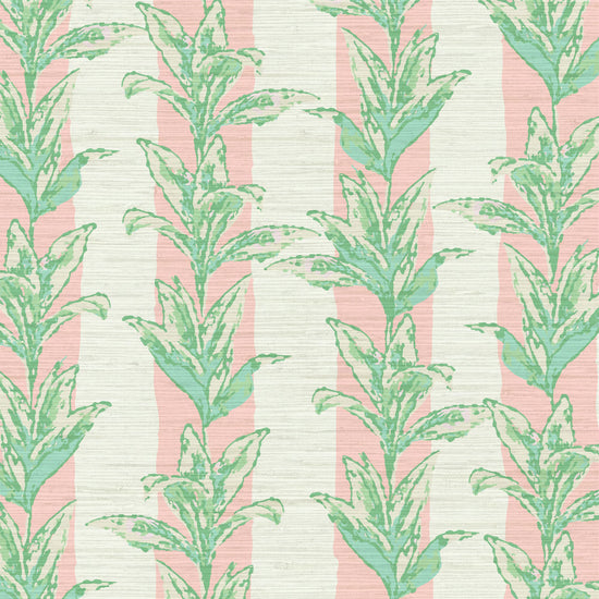 printed grasscloth with light pink and white vertical cabana stripes overlayed with light green and aqua shades of palm leaves also arranged in a vertical stripe cascading down the paper.