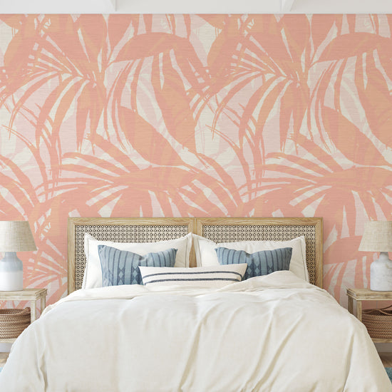 printed grasscloth wallpaper oversize tropical leaf Natural Textured Eco-Friendly Non-toxic High-quality Sustainable practices Sustainability Interior Design Wall covering Bold retro chic custom jungle garden botanical Seaside Coastal Seashore Waterfront Vacation home styling Retreat Relaxed beach vibes Beach cottage Shoreline Oceanfront white palm  coral orange pink bedroom