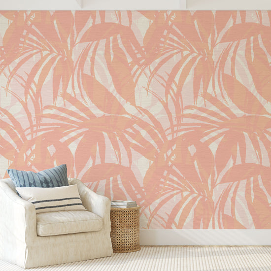 Load image into Gallery viewer, printed grasscloth wallpaper oversize tropical leaf Natural Textured Eco-Friendly Non-toxic High-quality Sustainable practices Sustainability Interior Design Wall covering Bold retro chic custom jungle garden botanical Seaside Coastal Seashore Waterfront Vacation home styling Retreat Relaxed beach vibes Beach cottage Shoreline Oceanfront white palm  coral orange pink living room
