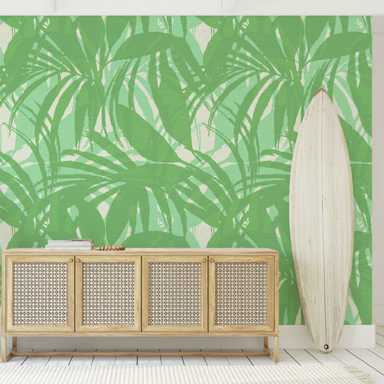 printed grasscloth wallpaper oversize tropical leaf Natural Textured Eco-Friendly Non-toxic High-quality Sustainable practices Sustainability Interior Design Wall covering Bold retro chic custom jungle garden botanical Seaside Coastal Seashore Waterfront Vacation home styling Retreat Relaxed beach vibes Beach cottage Shoreline Oceanfront white kelly paradise green palm  credenza foyer entrance surf shack