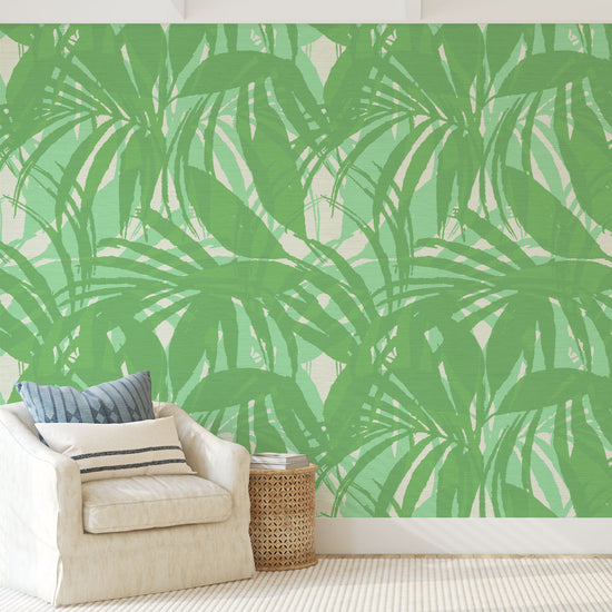 printed grasscloth wallpaper oversize tropical leaf Natural Textured Eco-Friendly Non-toxic High-quality Sustainable practices Sustainability Interior Design Wall covering Bold retro chic custom jungle garden botanical Seaside Coastal Seashore Waterfront Vacation home styling Retreat Relaxed beach vibes Beach cottage Shoreline Oceanfront white kelly paradise green palm  living room surf shack