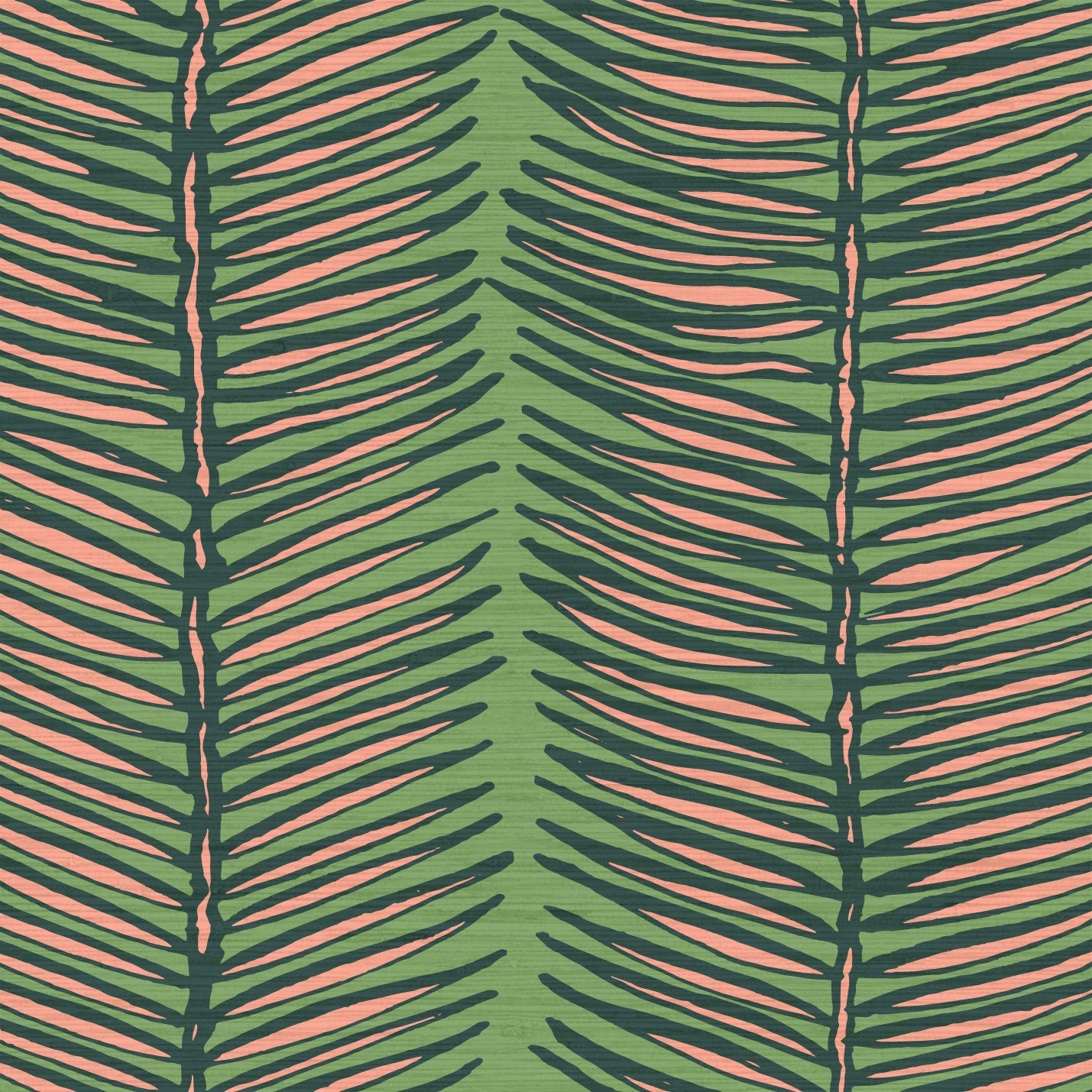 Load image into Gallery viewer, Grasscloth printed wallpaper with narrow and long wide vertical striped fern leaves with pops of color in the leaves

