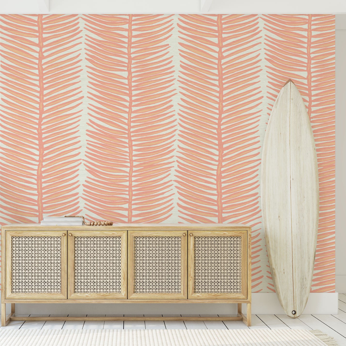 Grasscloth wallpaper Natural Textured Eco-Friendly Non-toxic High-quality Sustainable Interior Design Bold Custom Tailor-made Retro chic Tropical Jungle Coastal Garden Seaside Seashore Waterfront Vacation home styling Retreat Relaxed beach vibes Beach cottage Shoreline Oceanfront Nautical Cabana preppy palm fern leaf vertical stripe  coral orange tangerine pink entrance surf credenza foyer