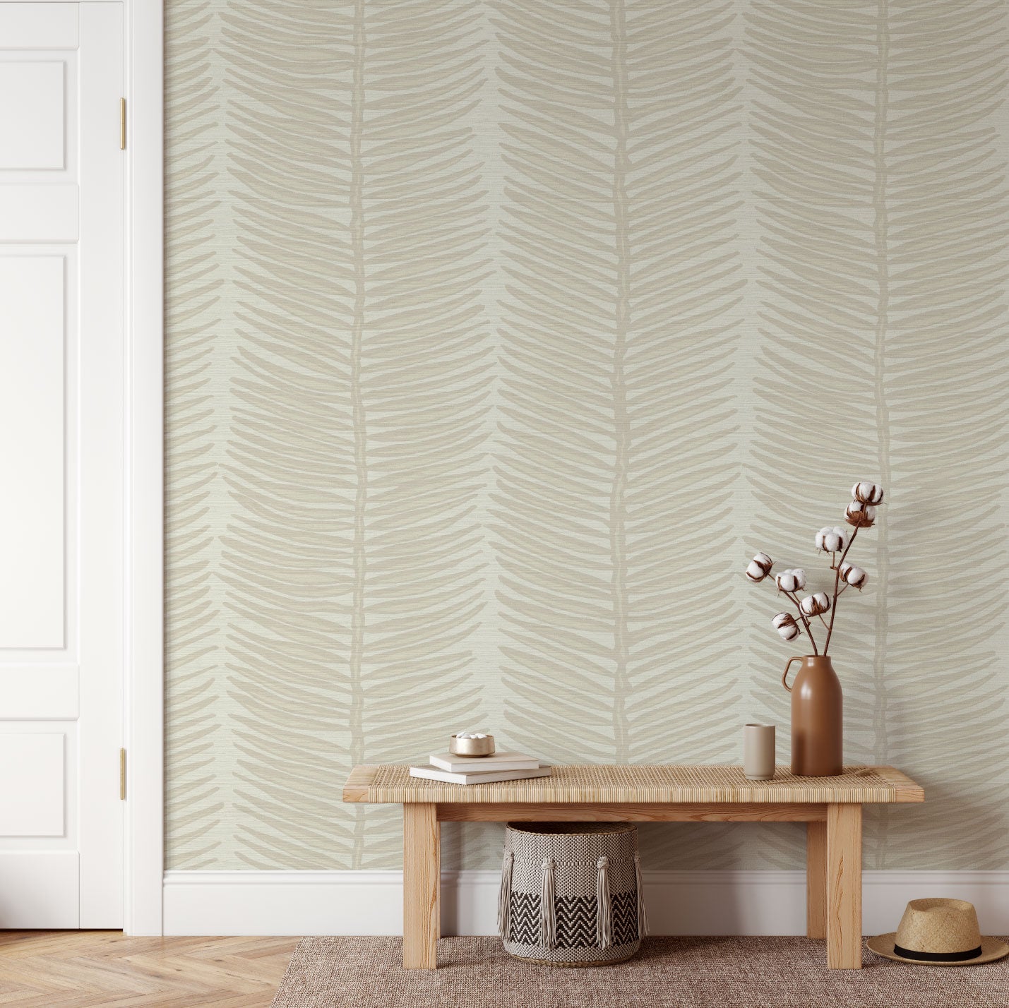 Grasscloth printed wallpaper with narrow and long wide vertical striped fern leaves with pops of color in the leaves
