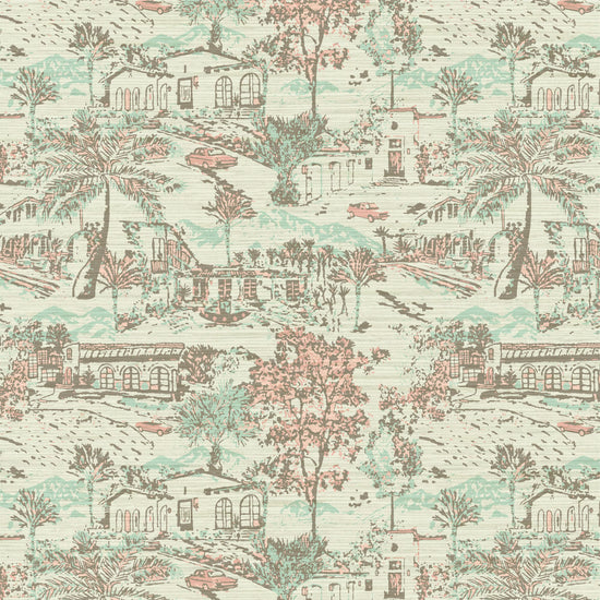 grasscloth printed wallpaper in spanish inspired toile print including multiple house designs, palm trees, bougainvillea flowers and fountains with mountains in the background. Print is on beige base with bronze outlines of houses, green plants and mountains and pastel pink flowers