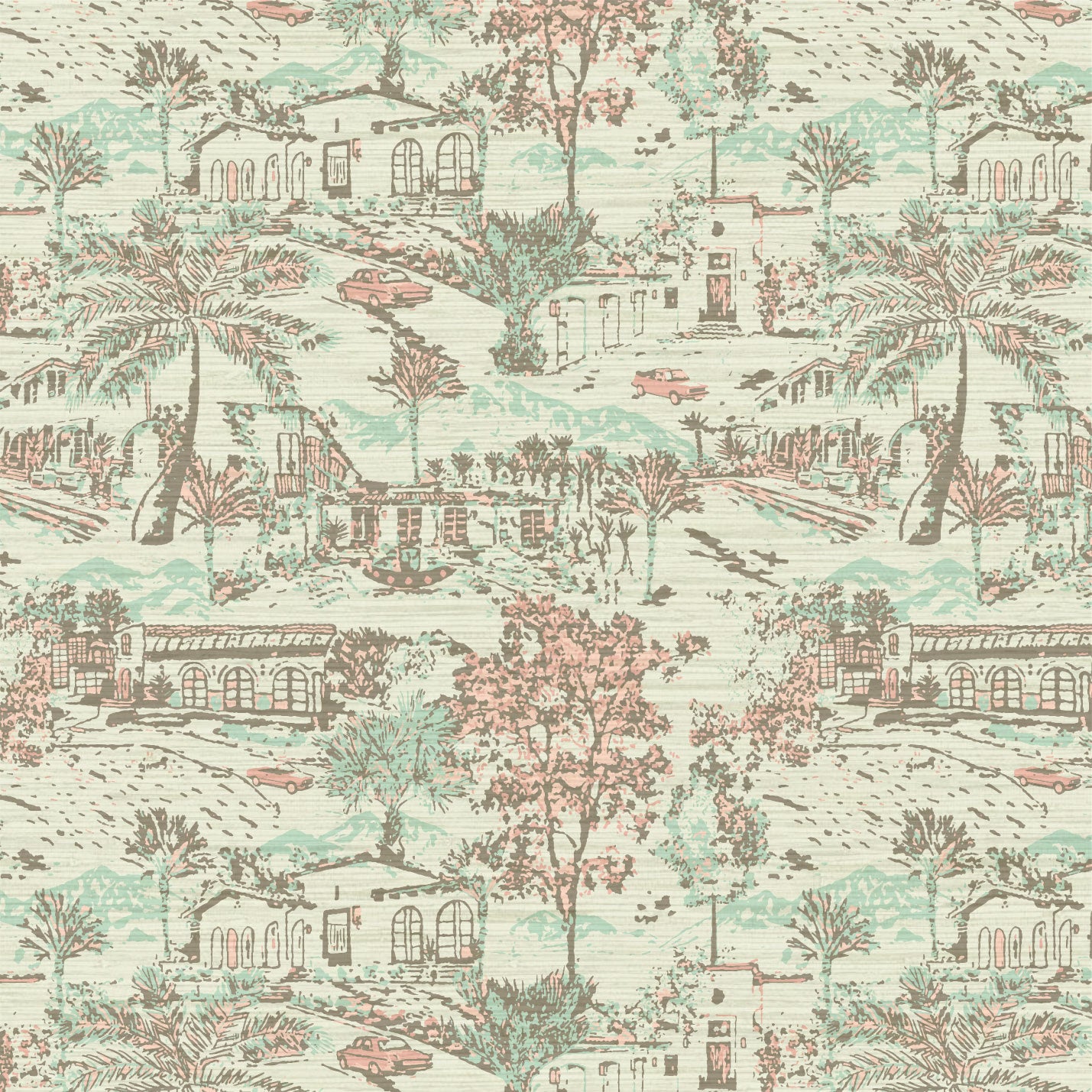 Load image into Gallery viewer, Grasscloth wallpaper Natural Textured Eco-Friendly Non-toxic High-quality  Sustainable Interior Design Bold Custom Tailor-made Retro chic tropical coastal garden vacation toile toile de jouy vintage spanish houses car palm tree bougainvillea preppy timeless classic nature mountains ojai california cream off-white pastel pink mint green floral flowers
