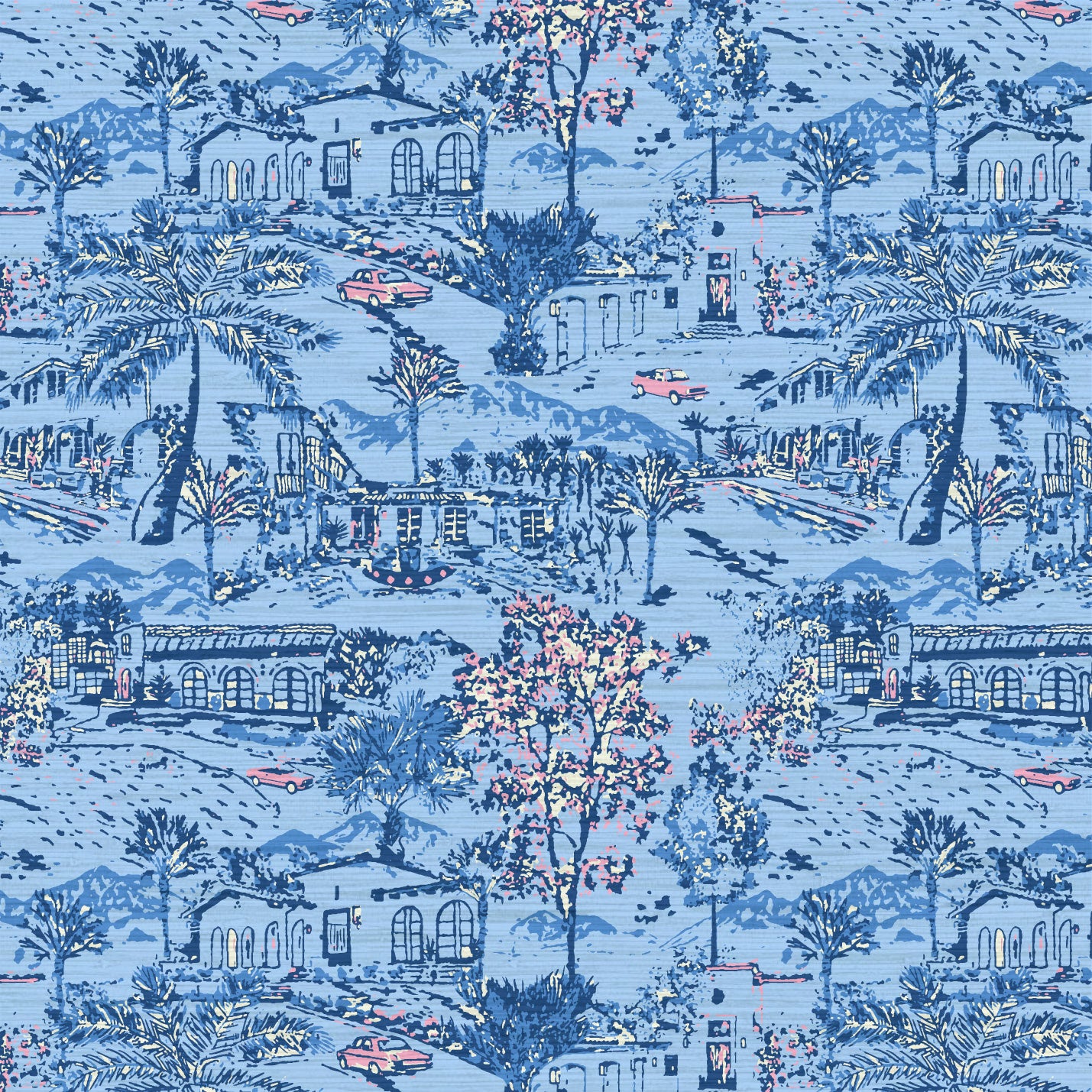 printed grasscloth wallpaper of a toile print on a french blue base with dark blue outlines and white and pink pops.  Featuring spanish style house architecture, mountains in the background and bountiful amounts of foliage and palm trees along with 1980s inspired sports cars.