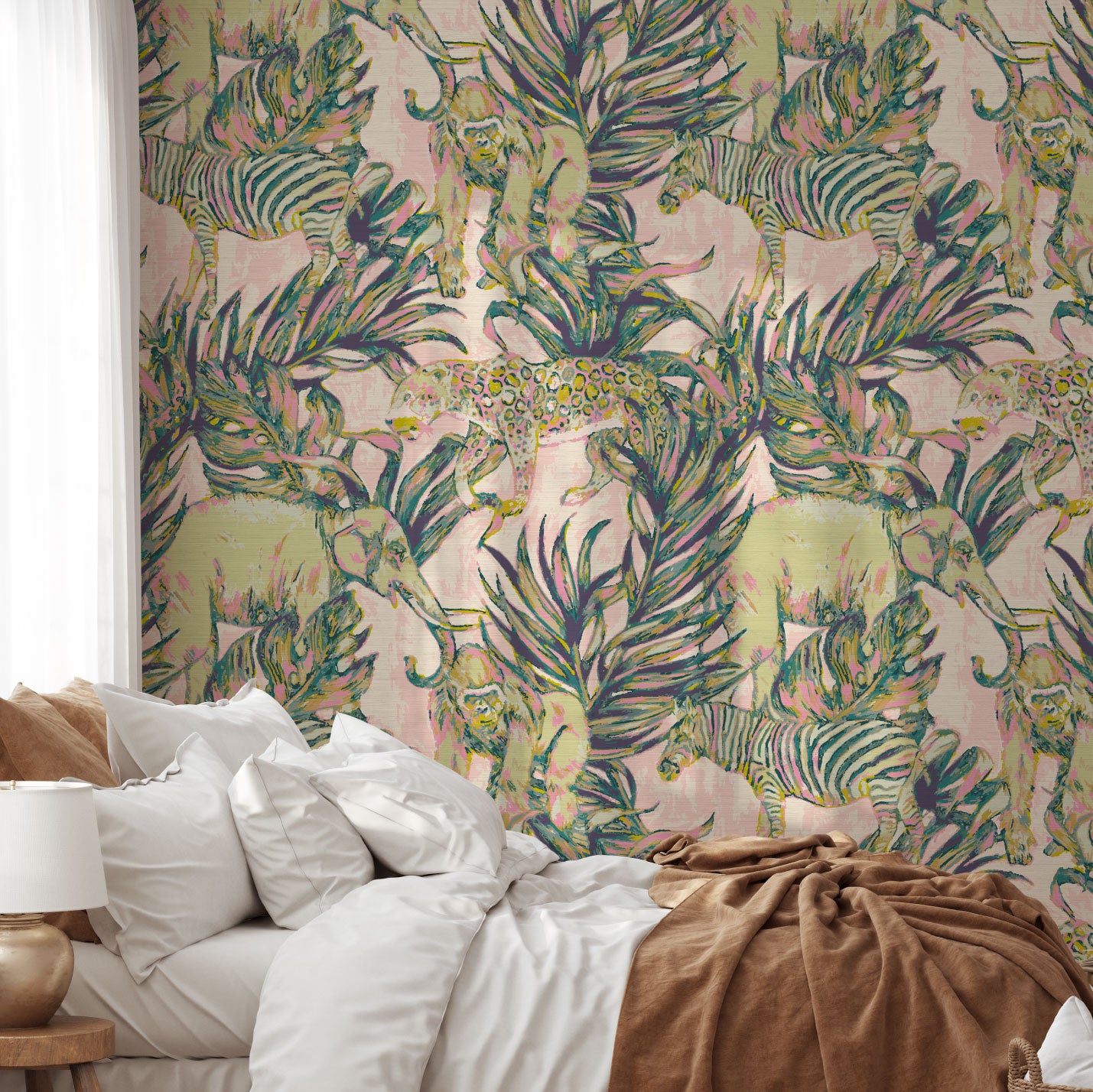 This Grasscloth Wallpaper print features elephants, gorillas, zebras and cheetahs prowling through palm leafs in this watercolor print. Print is on cream and pink base with shades of dark green and light green pistachio animal print with highlights of pastel neon pink
