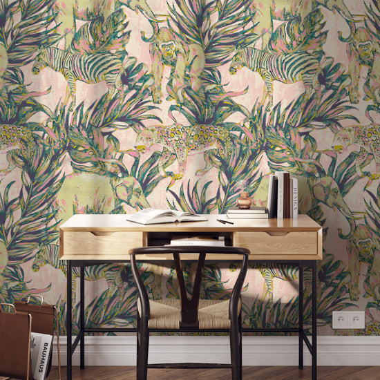 This Grasscloth Wallpaper print features elephants, gorillas, zebras and cheetahs prowling through palm leafs in this watercolor print. Print is on cream and pink base with shades of dark green and light green pistachio animal print with highlights of pastel neon pink