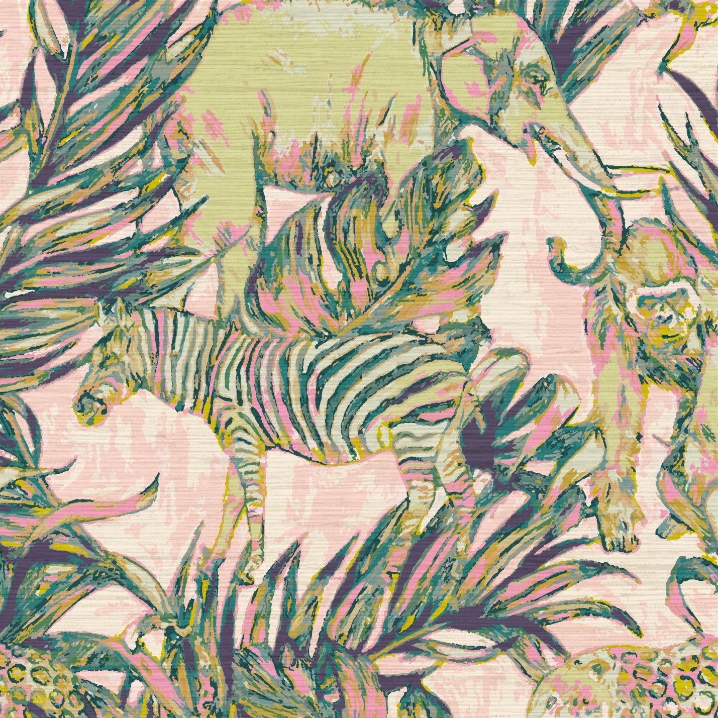 Load image into Gallery viewer, Grasscloth wallpaper Natural Textured Eco-Friendly Non-toxic High-quality  Sustainable Interior Design Bold Custom Tropical Jungle Coastal Garden palm leaf tree zoo safari elephant zebra cheetah gorilla water color oversized kids playroom nursery green pastel neon pink
