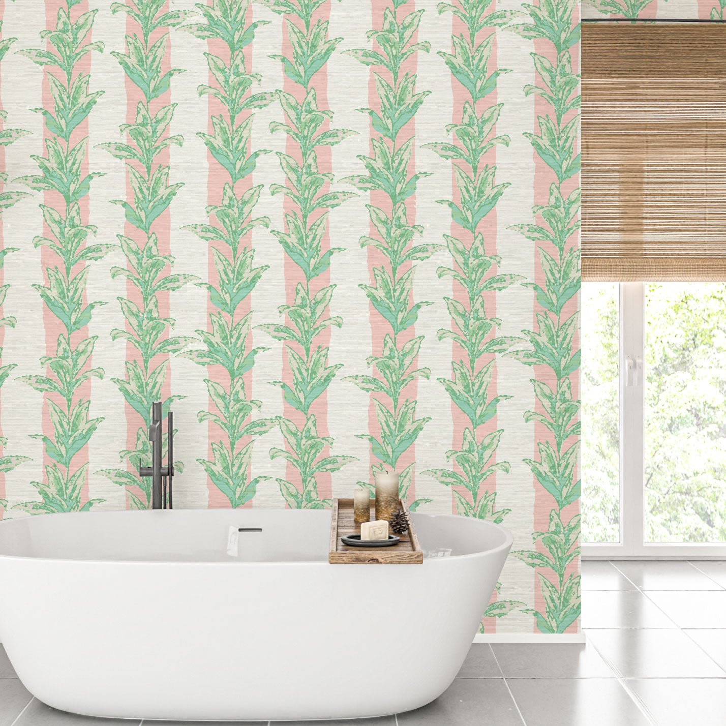 printed grasscloth with light pink and white vertical cabana stripes overlayed with light green and aqua shades of palm leaves also arranged in a vertical stripe cascading down the wallpaper  Natural Textured Eco-Friendly Non-toxic High-quality  Sustainable Interior Design Bold Custom Tailor-made Retro chic Tropical Jungle Coastal Garden Seaside Coastal Seashore Waterfront Vacation home styling Retreat Relaxed beach vibes Beach cottage Shoreline Oceanfront Nautical Cabana preppy palm leaf