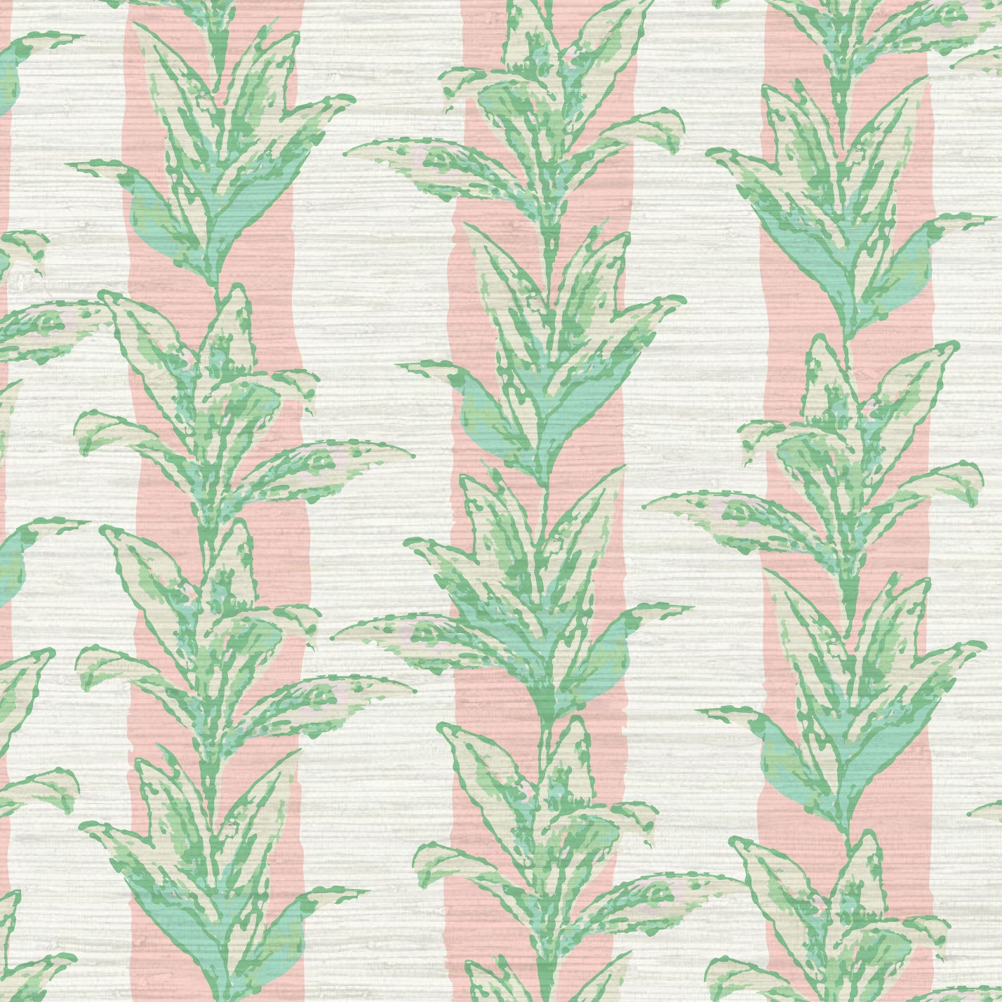 printed grasscloth with light pink and white vertical cabana stripes overlayed with light green and aqua shades of palm leaves also arranged in a vertical stripe cascading down the wallpaper  Natural Textured Eco-Friendly Non-toxic High-quality  Sustainable Interior Design Bold Custom Tailor-made Retro chic Tropical Jungle Coastal Garden Seaside Coastal Seashore Waterfront Vacation home styling Retreat Relaxed beach vibes Beach cottage Shoreline Oceanfront Nautical Cabana preppy palm leaf