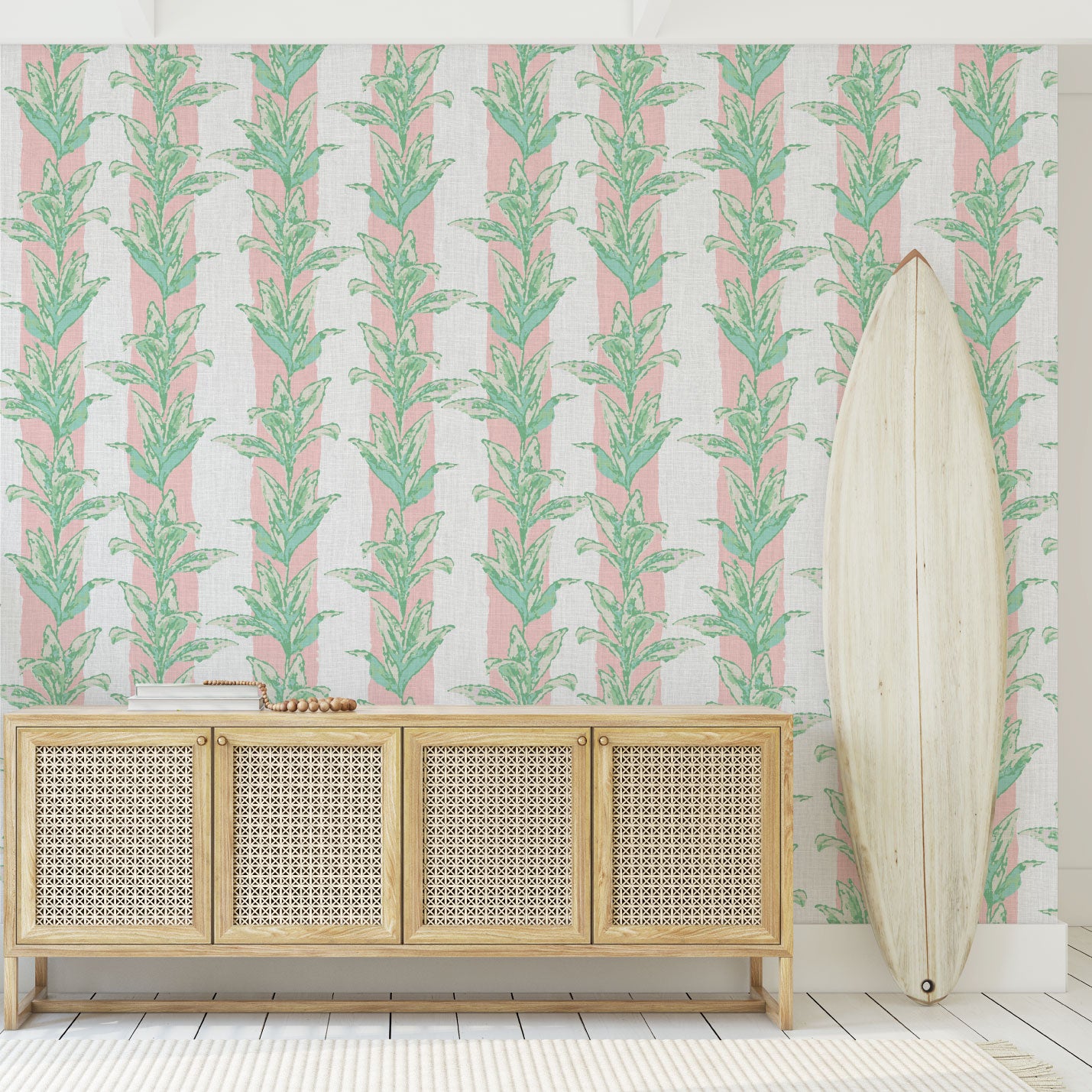 light pink and white vertical cabana stripes overlayed with light green and aqua shades of palm leaves also arranged in a vertical stripe cascading down the wallpaper  Natural Textured Eco-Friendly Non-toxic High-quality  Sustainable Interior Design Bold Custom Tailor-made Retro chic Tropical Jungle Coastal Garden Seaside Coastal Seashore Waterfront Vacation home styling Retreat Relaxed beach vibes Beach cottage Shoreline Oceanfront Nautical Cabana preppy palm leaf linen luxury