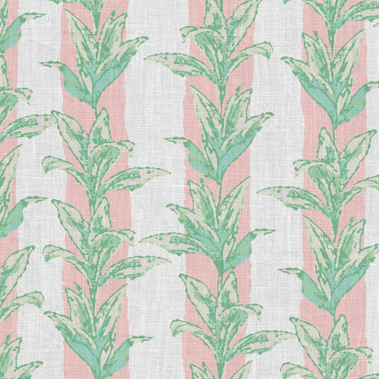 light pink and white vertical cabana stripes overlayed with light green and aqua shades of palm leaves also arranged in a vertical stripe cascading down the wallpaper  Natural Textured Eco-Friendly Non-toxic High-quality  Sustainable Interior Design Bold Custom Tailor-made Retro chic Tropical Jungle Coastal Garden Seaside Coastal Seashore Waterfront Vacation home styling Retreat Relaxed beach vibes Beach cottage Shoreline Oceanfront Nautical Cabana preppy palm leaf linen luxury