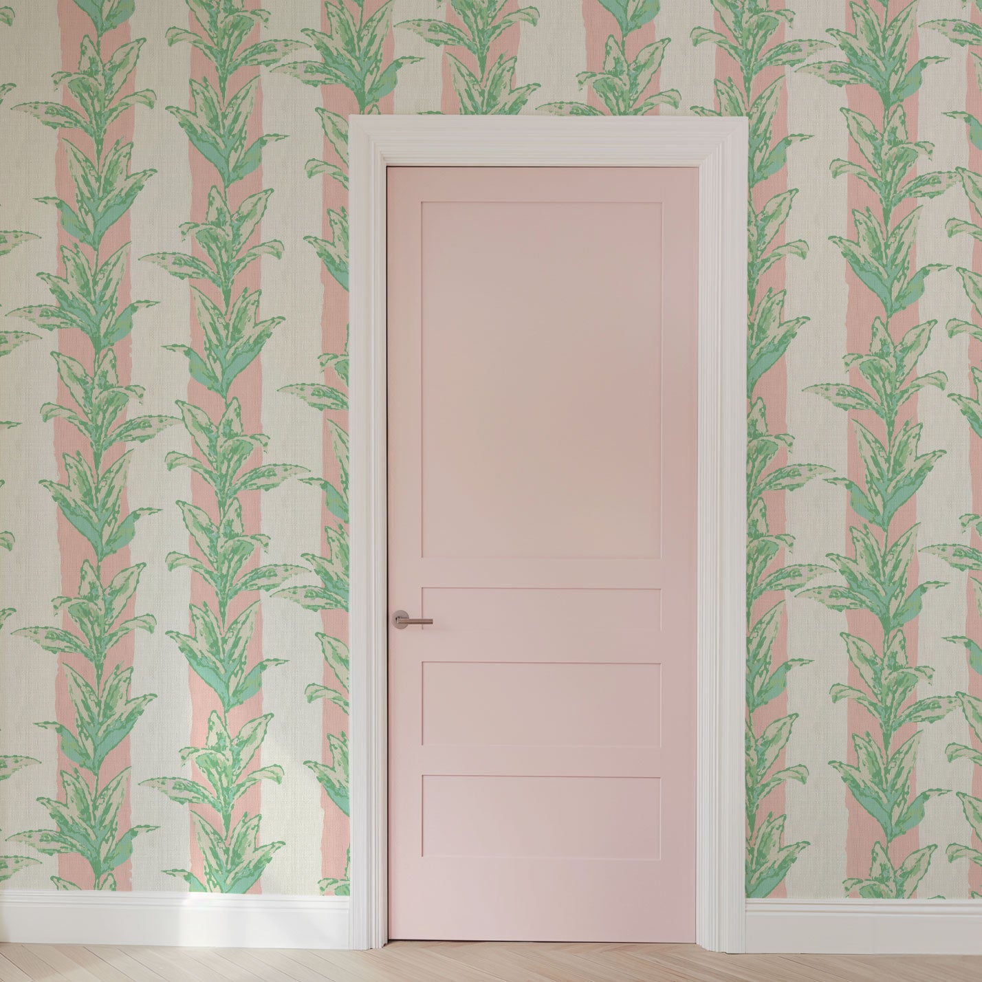 printed grasscloth with light pink and white vertical cabana stripes overlayed with light green and aqua shades of palm leaves also arranged in a vertical stripe cascading down the wallpaper  Natural Textured Eco-Friendly Non-toxic High-quality  Sustainable Interior Design Bold Custom Tailor-made Retro chic Tropical Jungle Coastal Garden Seaside Coastal Seashore Waterfront Vacation home styling Retreat Relaxed beach vibes Beach cottage Shoreline Oceanfront Nautical Cabana preppy palm leaf paperweave